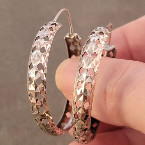Sterling Vintage 70's Openwork Diamond Cut 1 3/4" Hoop Earrings - Picture 1 of 8